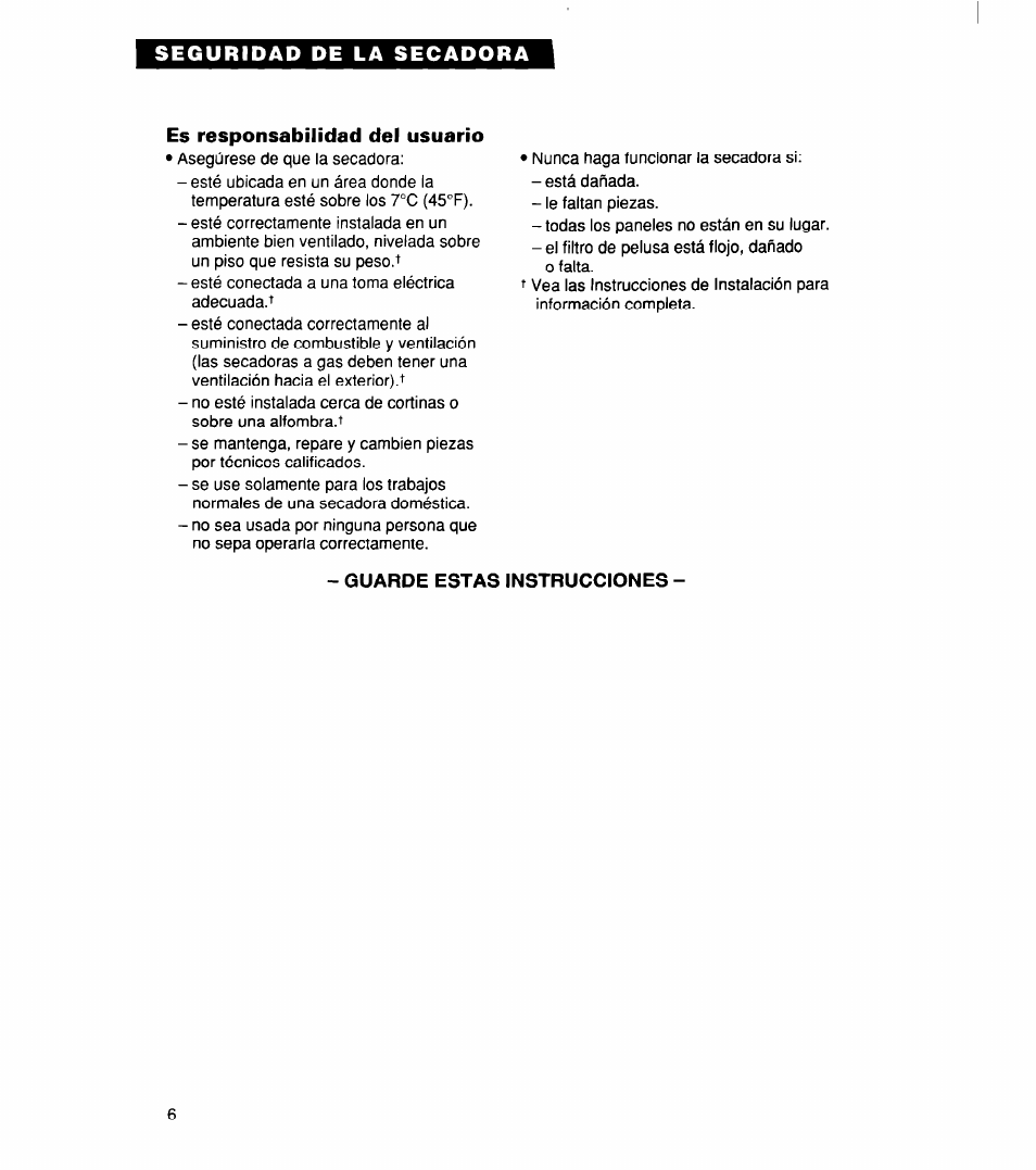 Es responsabilidad del usuario, Guarde estas instrucciones | Whirlpool 340 1094 User Manual | Page 31 / 56