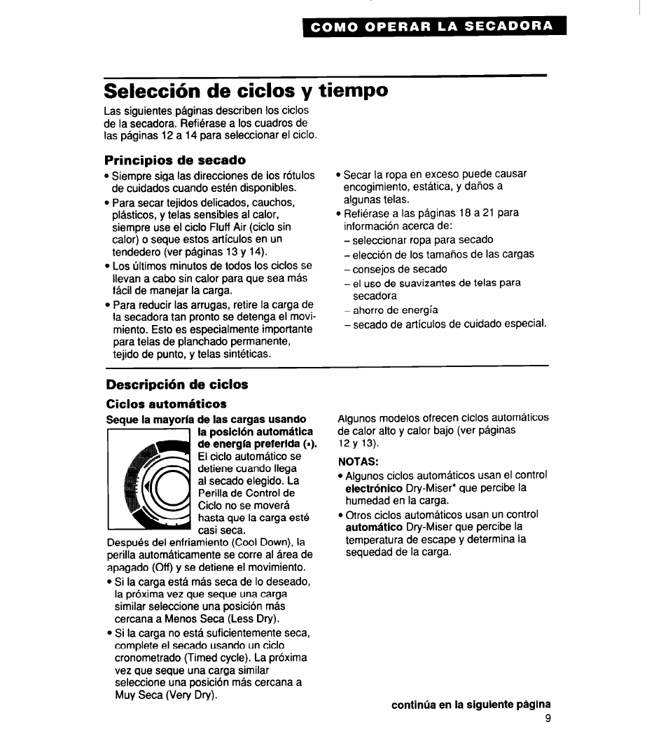 Selección de ciclos y tiempo, Principios de secado, Descripción de ciclos | Notas | Whirlpool 340 1094 User Manual | Page 34 / 56