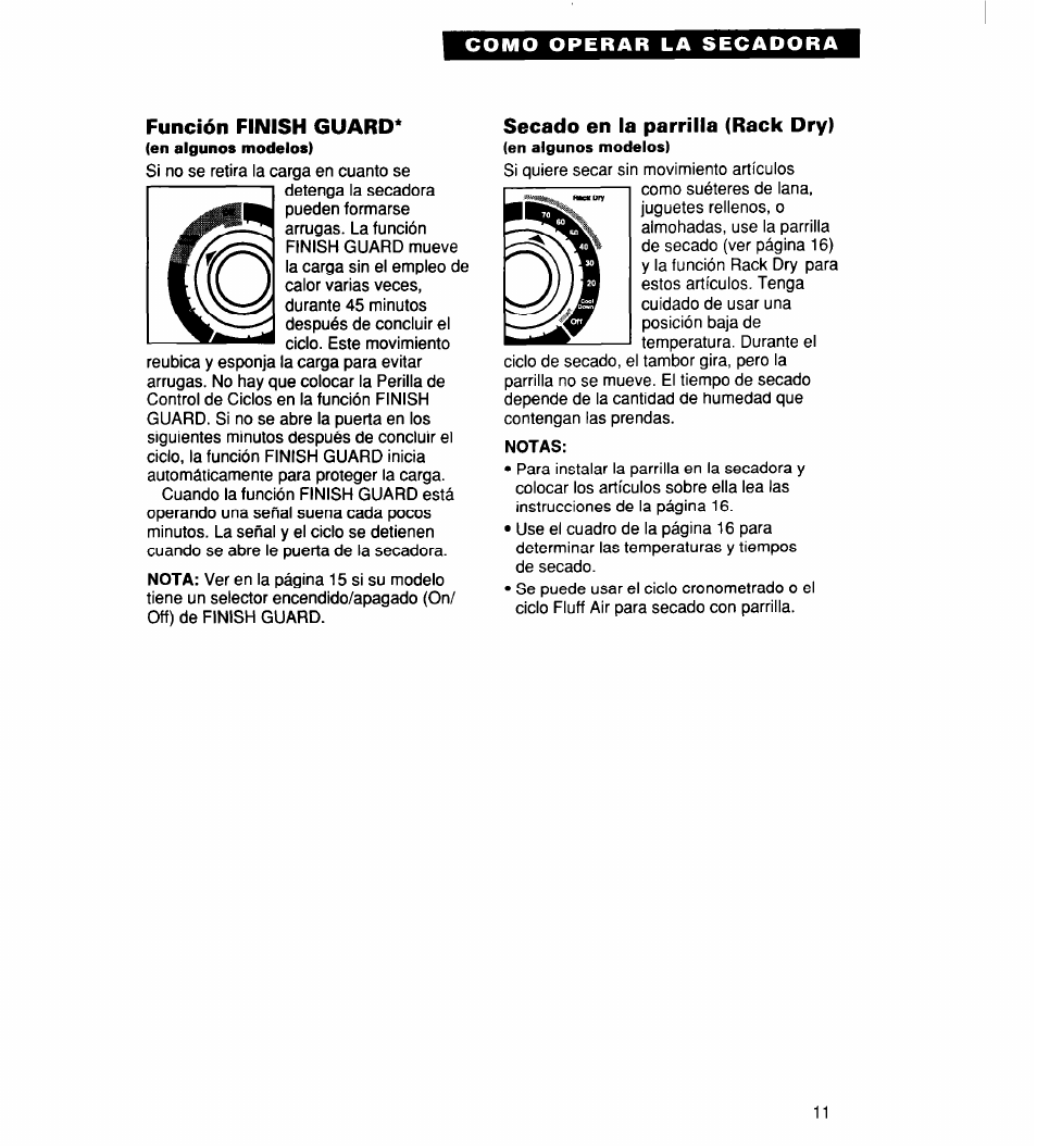 Función finish guard, Secado en la parrilla (rack dry), Notas | De la función finish guaro | Whirlpool 340 1094 User Manual | Page 36 / 56