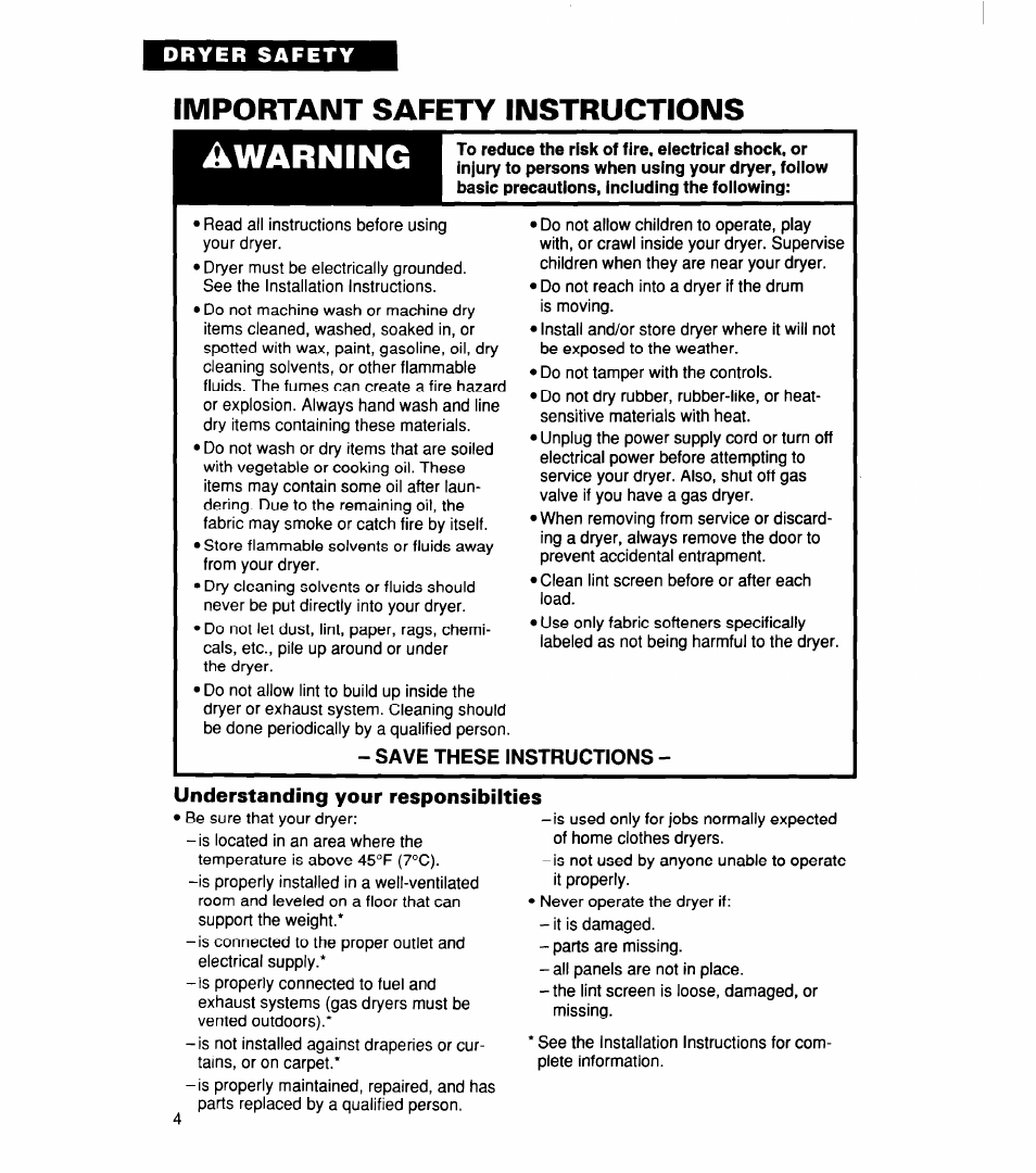 Important safety instructions, Save these instructions, Understanding your responsibilties | Awarning | Whirlpool 340 1094 User Manual | Page 4 / 56