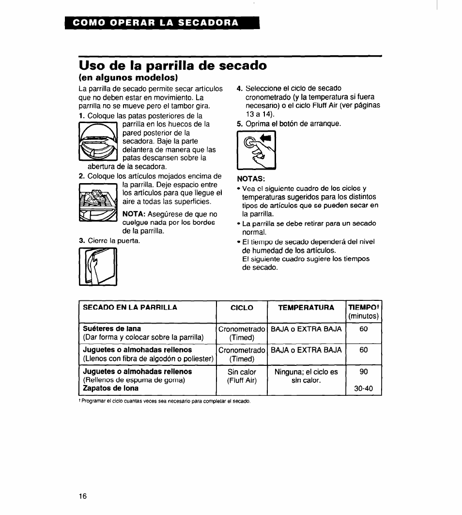 Uso de la parrilla de secado, En algunos modelos) | Whirlpool 340 1094 User Manual | Page 41 / 56