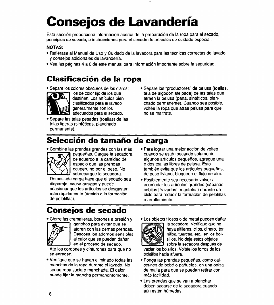 Consejos de lavandería, Notas, Clasificación de la ropa | Selección de tamaño de carga, Consejos de secado | Whirlpool 340 1094 User Manual | Page 43 / 56