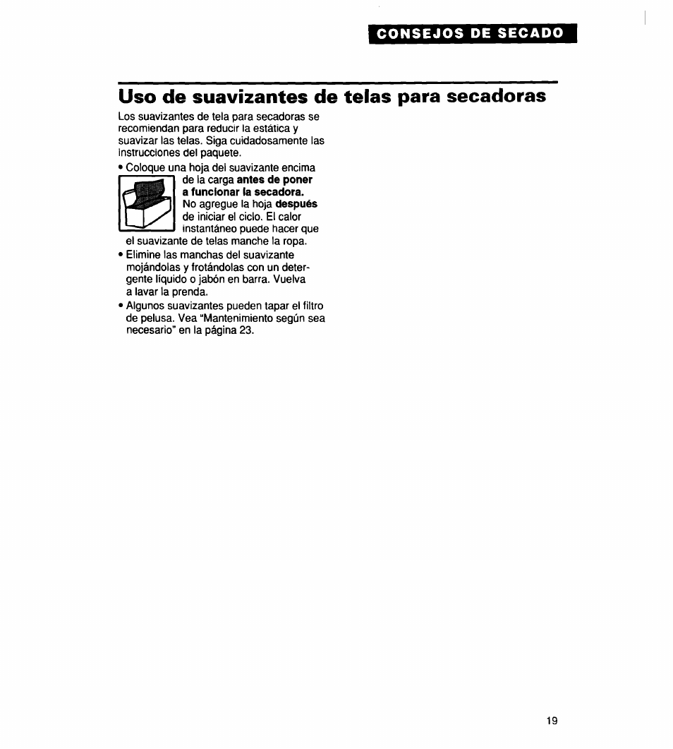 Uso de suavizantes de telas para secadoras | Whirlpool 340 1094 User Manual | Page 44 / 56