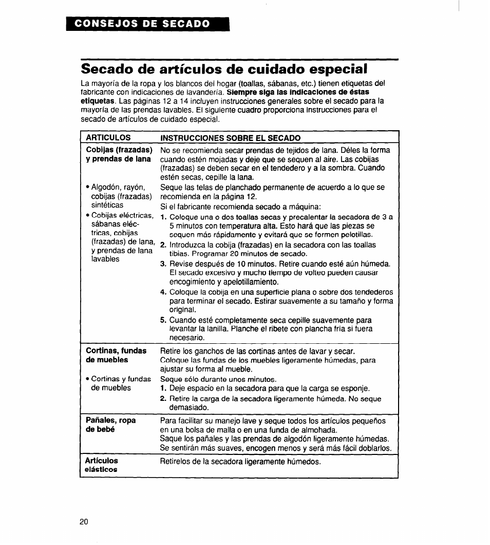 Secado de artículos de cuidado especial, Articulos, Instrucciones sobre el secado | Cortinas, fundas de muebles | Whirlpool 340 1094 User Manual | Page 45 / 56