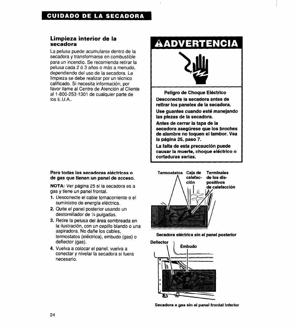 Limpieza interior de la secadora, Advertencia | Whirlpool 340 1094 User Manual | Page 49 / 56