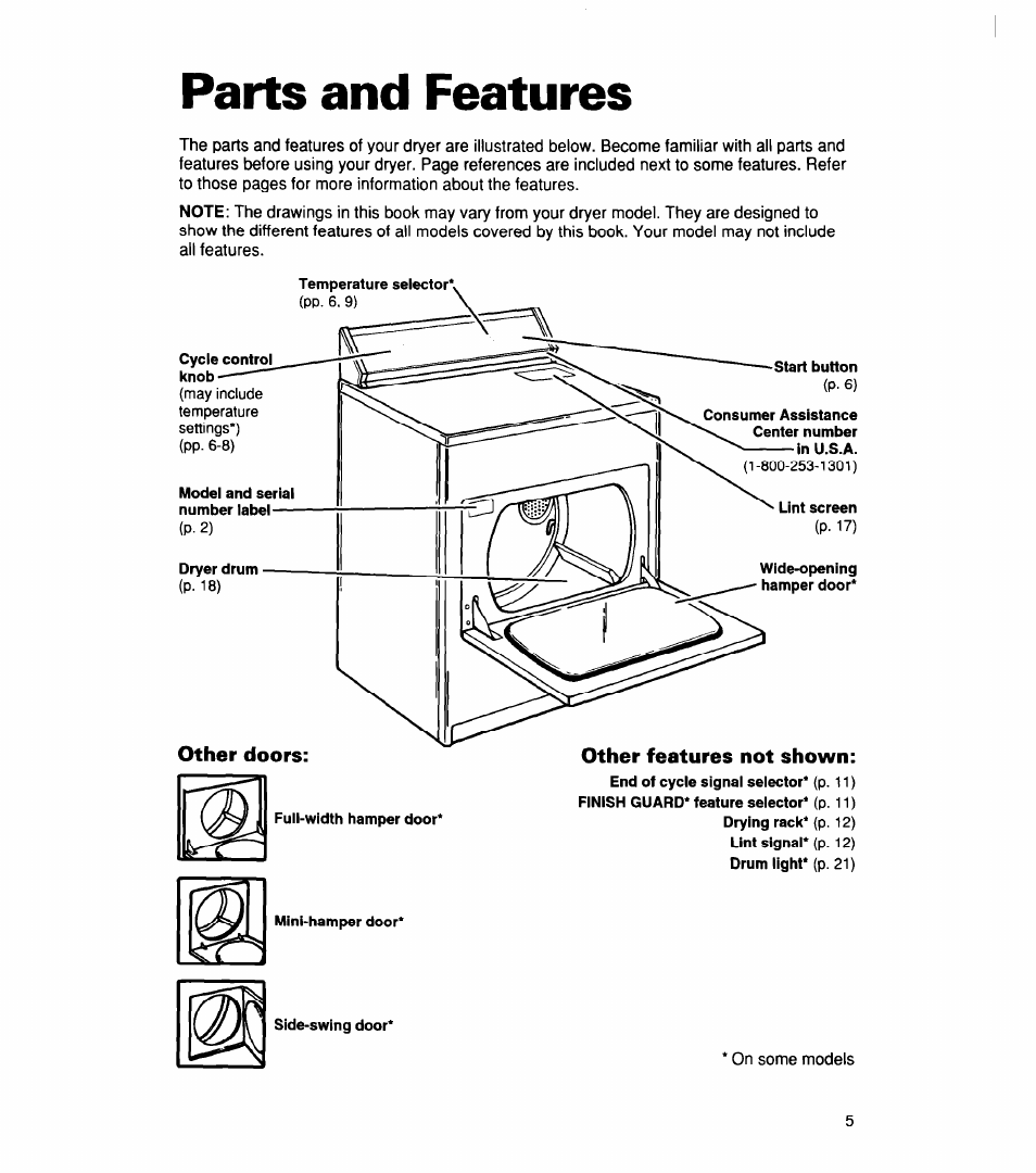 Parts and features | Whirlpool 340 1094 User Manual | Page 5 / 56