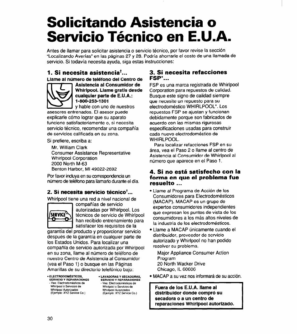 Solicitando asistencia o servicio técnico en e.u.a, Si necesita asistencia, Si necesita servicio técnico | Si necesita refacciones fsp, Solicitando asistencia o servicio técnico, En e.u.a | Whirlpool 340 1094 User Manual | Page 54 / 56