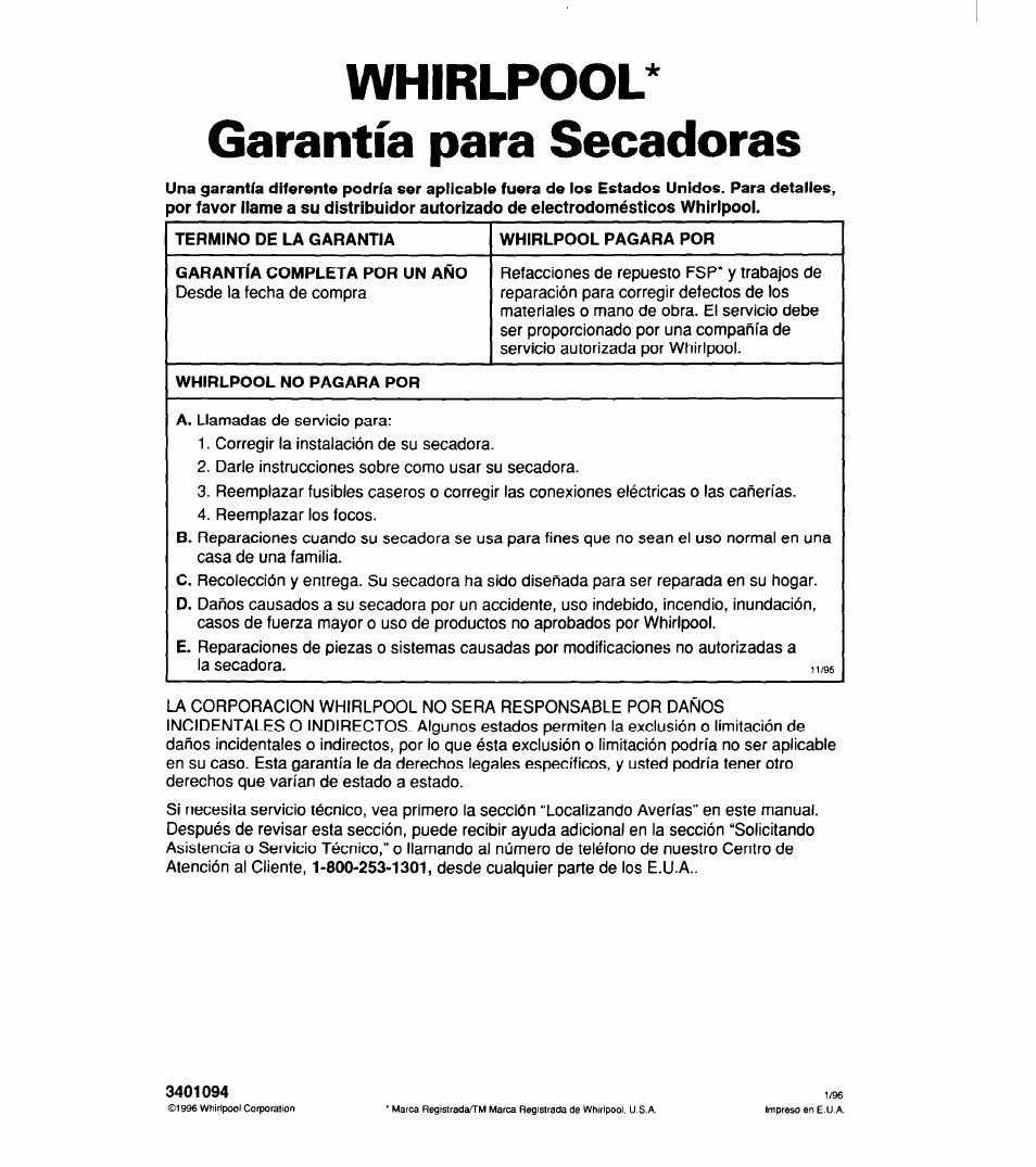 Whirlpool* garantía para secadoras, Termino de la garantia, Whirlpool pagara por | Whirlpool no pagara por | Whirlpool 340 1094 User Manual | Page 56 / 56