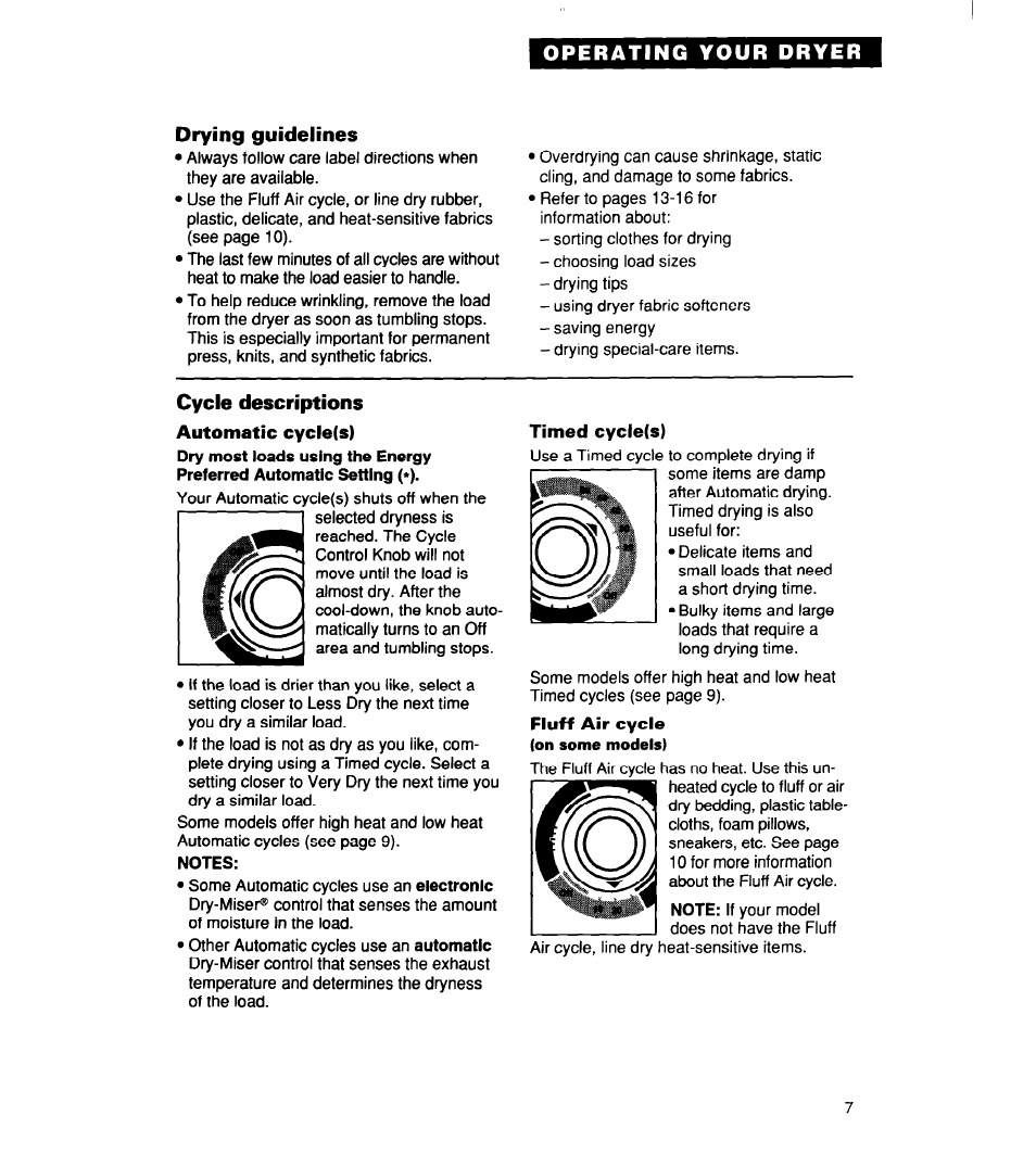 Drying guidelines, Cycle descriptions, Timed cycle(s) | Whirlpool 340 1094 User Manual | Page 7 / 56