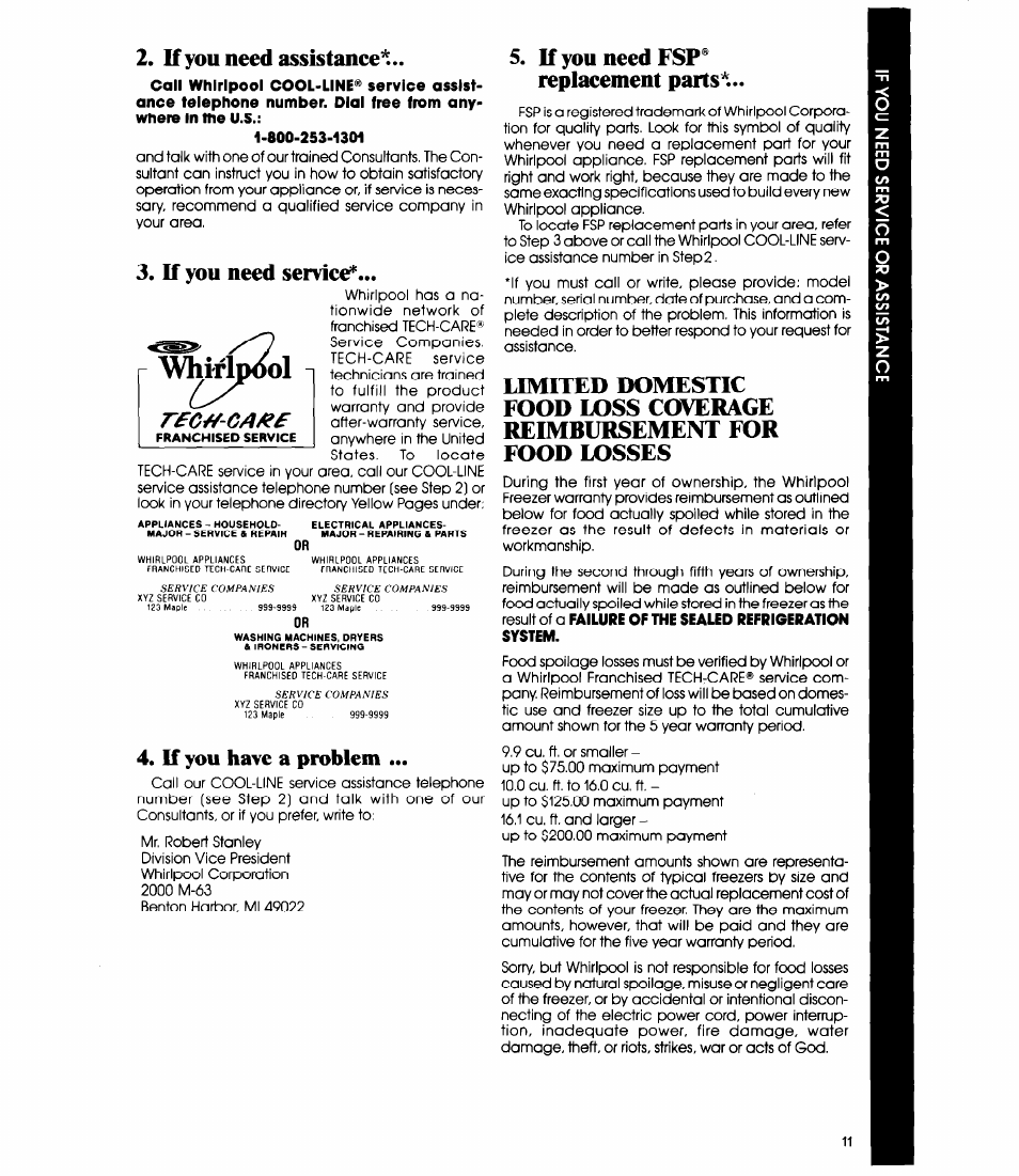 Whirlpool, If you need assistance, If you need service | If you need fsp® replacement parts, If you have a problem | Whirlpool EV090F User Manual | Page 11 / 12