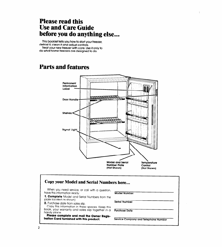 Please read this, Use and care guide, Before you do anything else | Parts and feature, Copy your model and serial numbers here | Whirlpool EV090F User Manual | Page 2 / 12
