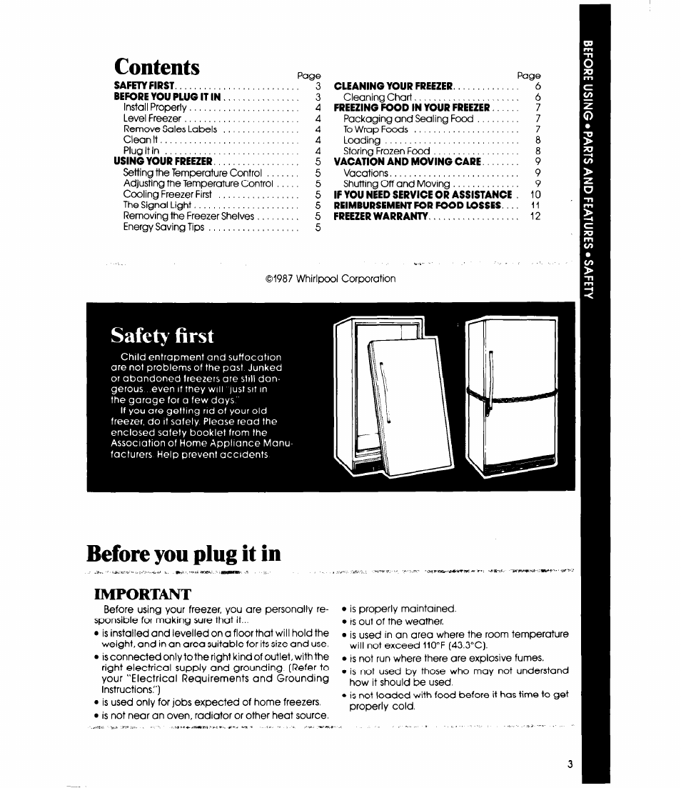 Safety first, Important, Contents ,^33 | Before you plug it in | Whirlpool EV090F User Manual | Page 3 / 12
