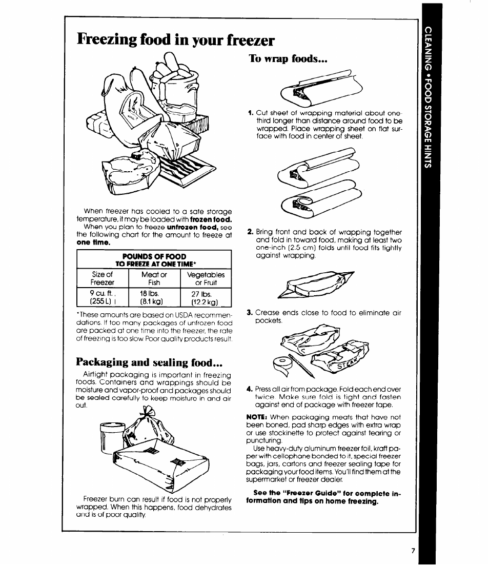 Freezing food in your freezer, To wrap foods, Packaging and sealing food | Whirlpool EV090F User Manual | Page 7 / 12