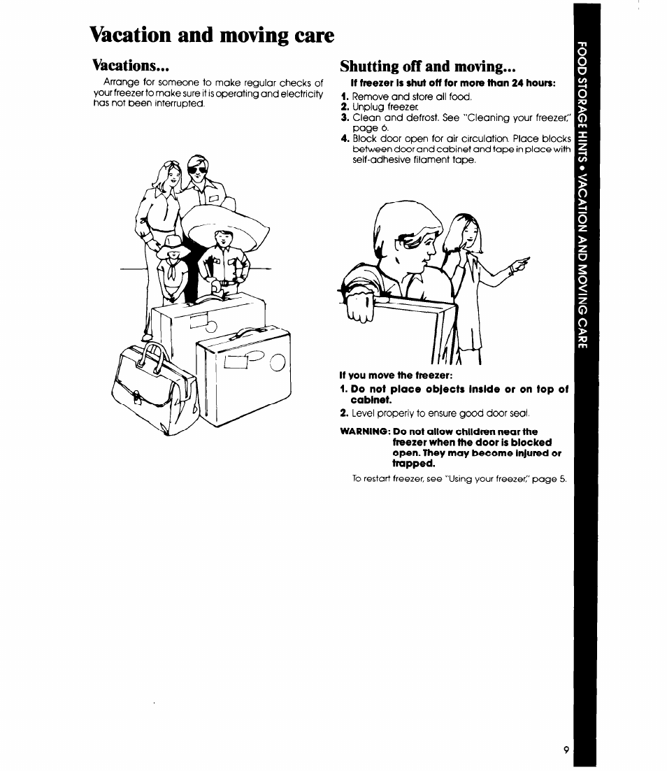 Vacation and moving care, Vacations, Shutting off and moving | Vacations shutting off and moving | Whirlpool EV090F User Manual | Page 9 / 12