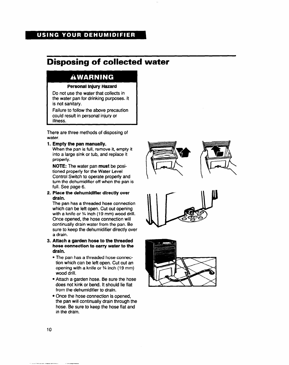 Disposing of collected water, Disposing of collected, Water | Ikwarning | Whirlpool AD040 User Manual | Page 10 / 16