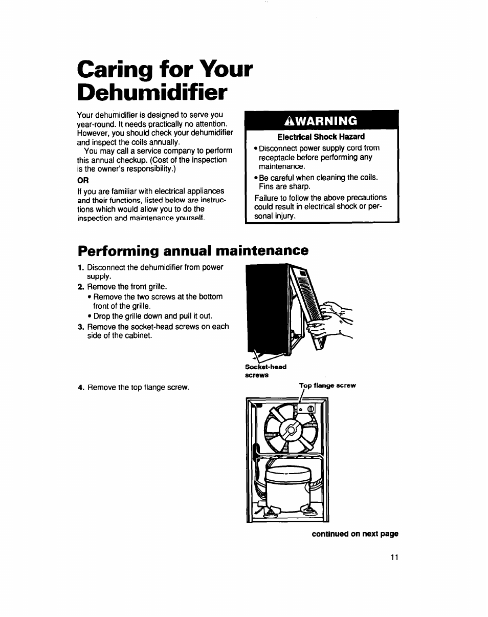 Caring for your dehumidifier, Performing annual maintenance, Using your dehumidifier | Ikwarning | Whirlpool AD040 User Manual | Page 11 / 16