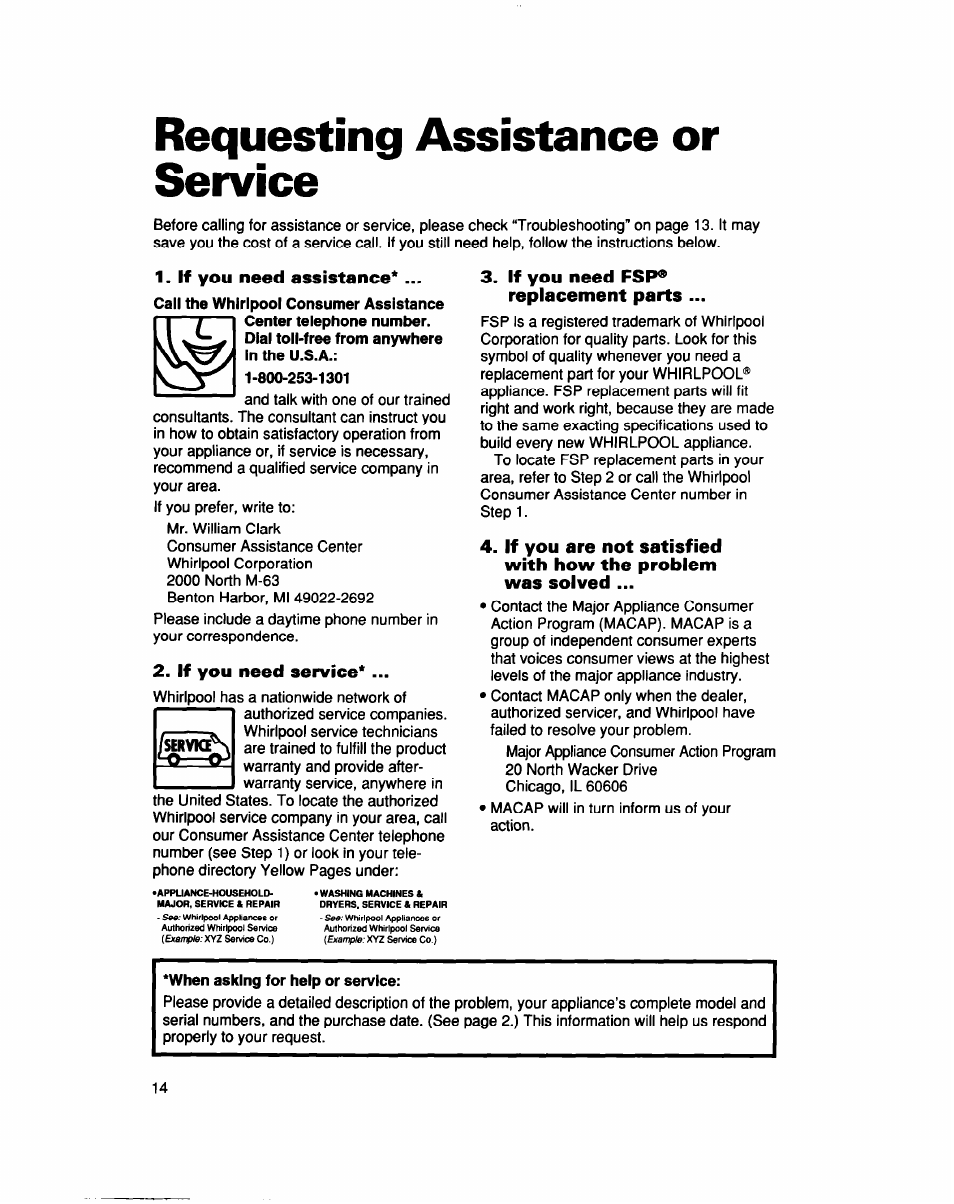 Requesting assistance or service, If you need assistance, If you need service | If you need fsp® replacement parts, Requesting assistance, Or service | Whirlpool AD040 User Manual | Page 14 / 16