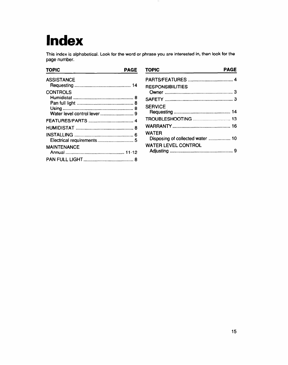Index | Whirlpool AD040 User Manual | Page 15 / 16