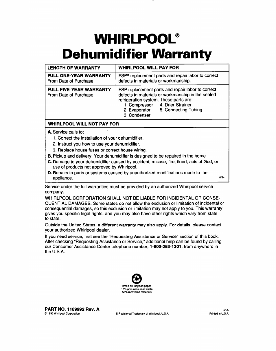 Whirlpool® dehumidifier warranty | Whirlpool AD040 User Manual | Page 16 / 16