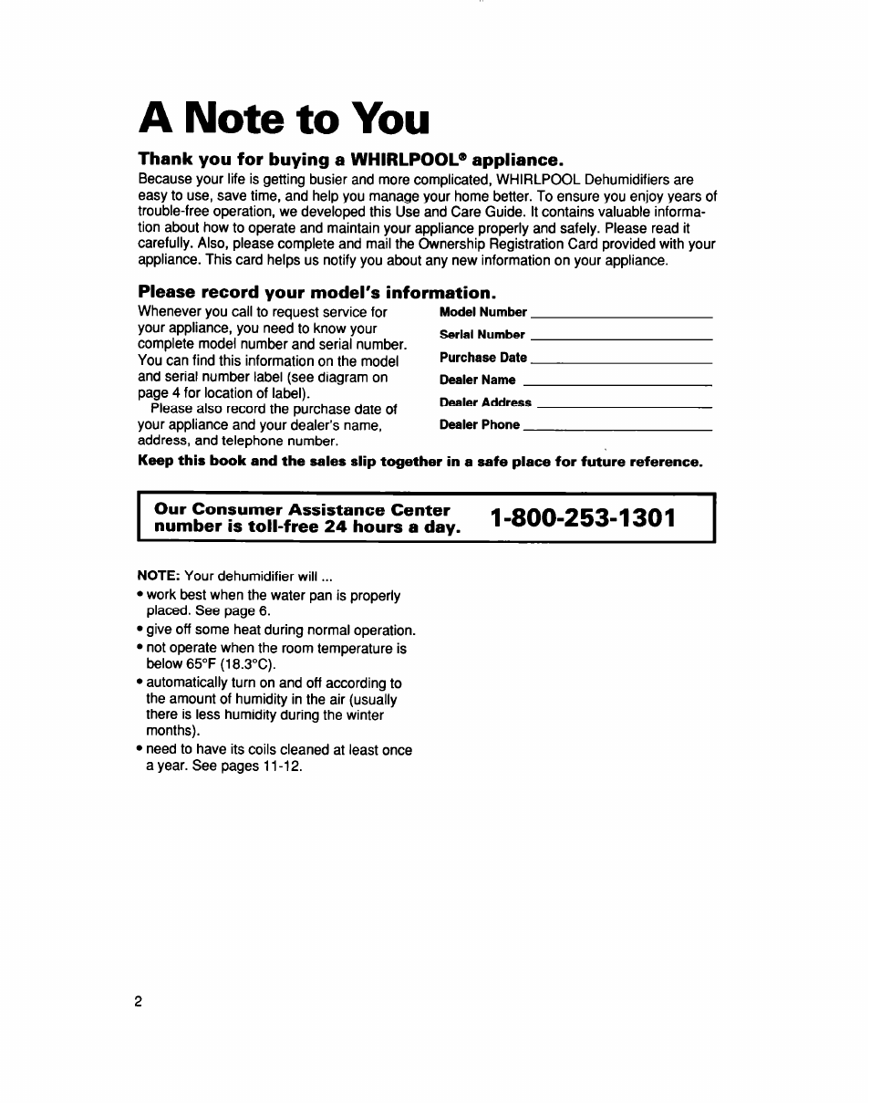 A note to you, Thank you for buying a whirlpool® appliance, Please record your model's information | Our consumer assistance center oaa *1^0*1, Our consumer assistance center | Whirlpool AD040 User Manual | Page 2 / 16