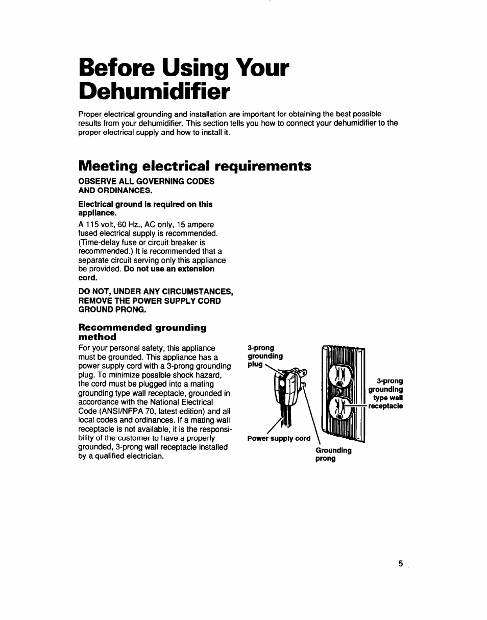 Before using your dehumidifier, Meeting electrical requirements, Recommended grounding method | Whirlpool AD040 User Manual | Page 5 / 16