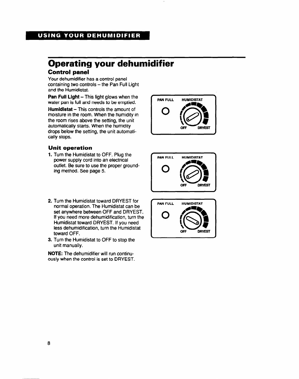 Operating your dehumidifier, Control panel, Unit operation | Caring for your, Dehumidifier | Whirlpool AD040 User Manual | Page 8 / 16