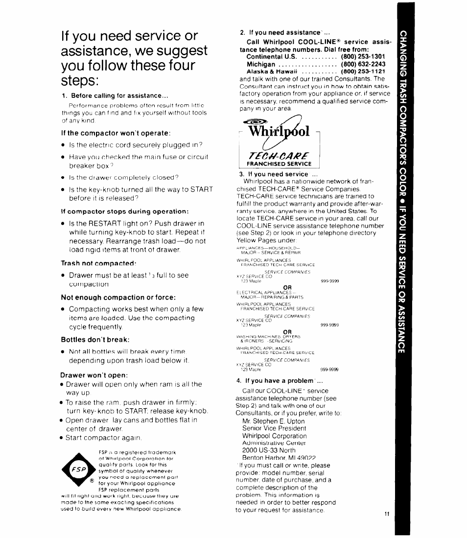 If the compactor won t operate, Bottles don't break, Drawer won't open | Whirlpool, Rfc//-ca^f | Whirlpool TF 4500 Senes User Manual | Page 11 / 12