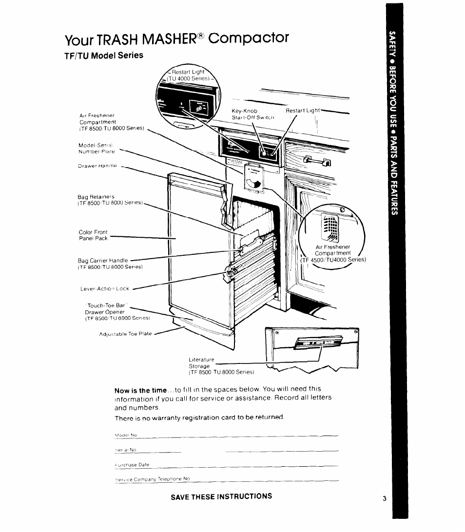 Your trash masher® compactor, Tf/tu model series, Save these instructions | Whirlpool TF 4500 Senes User Manual | Page 3 / 12