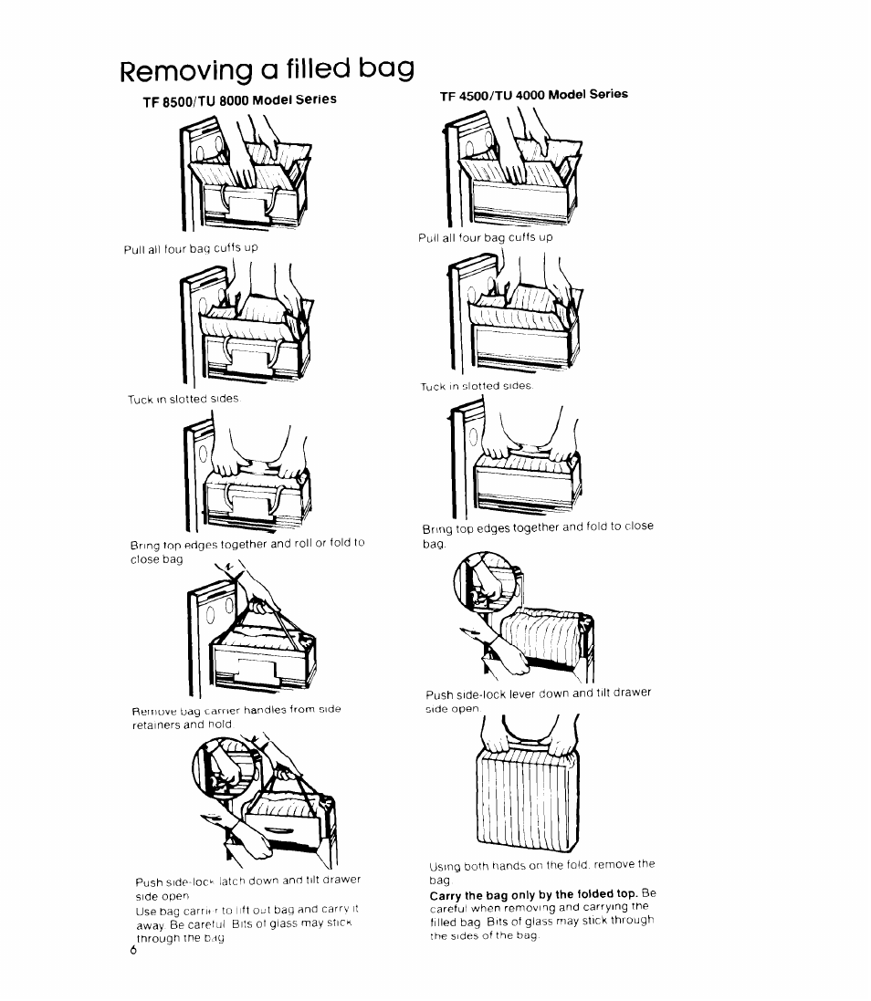 Removing a filled bag, Tf 8500/tu 8000 model series, Tf 4500/tu 4000 model series | Whirlpool TF 4500 Senes User Manual | Page 6 / 12