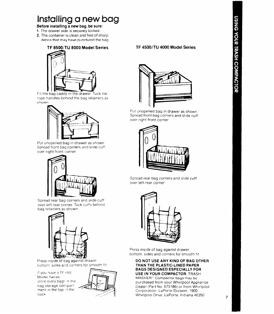 Installing a new bag, Tf 8500/tu 8000 model series, Tf 4500/tu 4000 model series | Whirlpool TF 4500 Senes User Manual | Page 7 / 12