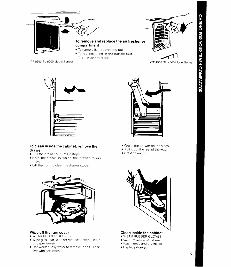 To clean inside the cabinet, remove the drawer, Wipe off the ram cover, Clean inside the cabinet | Whirlpool TF 4500 Senes User Manual | Page 9 / 12