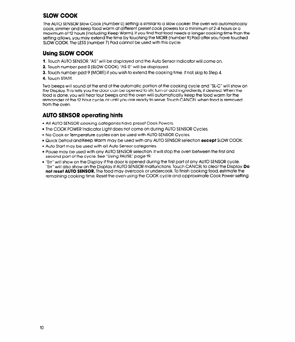 Slow cook, Using slow cook, Auto sensor operating hints | Whirlpool MC8991XT User Manual | Page 10 / 44