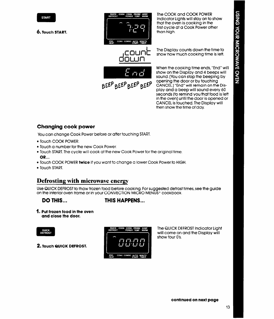 Touch start, Defrosting with microwave energy, Put frozen food in the oven and ciose the door | Touch quick defrost, Douun | Whirlpool MC8991XT User Manual | Page 13 / 44