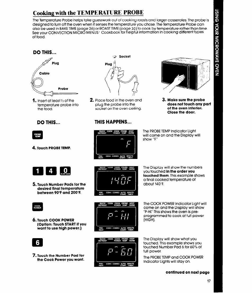 Cooking with the temperature probe, Touch probe temp, Touch cook power | Touch the number pad for the cook power you want, U n c, 1u u, Do this, Do this... this happens | Whirlpool MC8991XT User Manual | Page 17 / 44