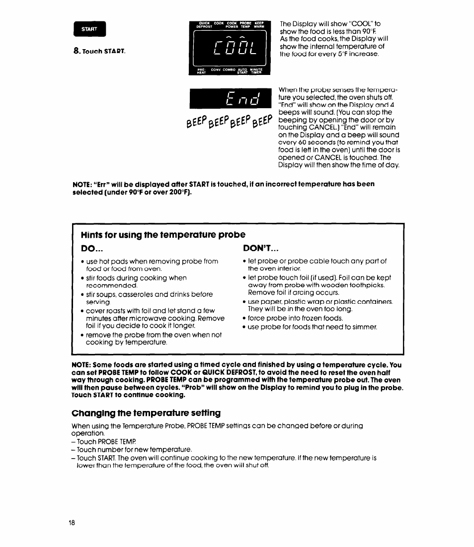 Hints for using the temperature probe do... don’t, Changing the temperature setting | Whirlpool MC8991XT User Manual | Page 18 / 44