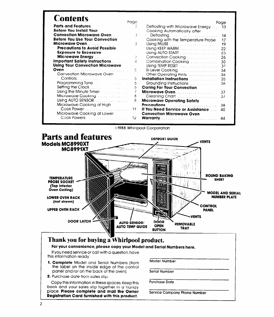 Models mc8990xt mc8991xt, Thank you for buying a vvhirlpool product, Parts and features | Whirlpool MC8991XT User Manual | Page 2 / 44