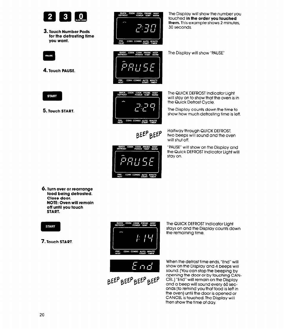 Touch pause, Touch start, Upeep | Whirlpool MC8991XT User Manual | Page 20 / 44