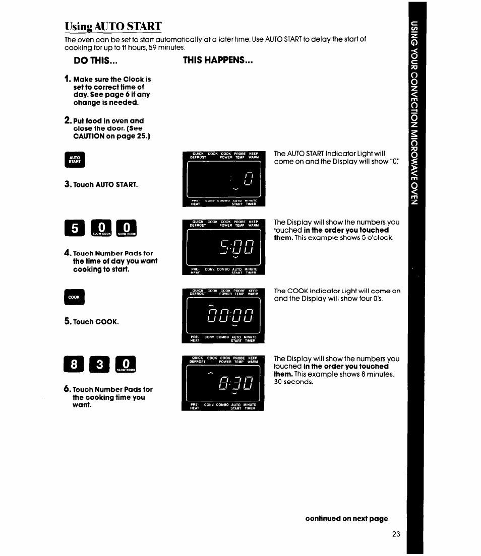 Touch auto start, Touch cook, 8 i 3 i 0 | Using auto start | Whirlpool MC8991XT User Manual | Page 23 / 44