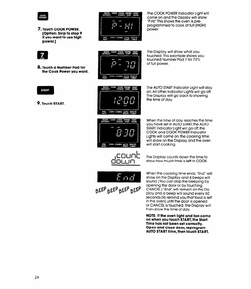 Touch a number pad for the cook power you want, Touch start, Count | Dolun | Whirlpool MC8991XT User Manual | Page 24 / 44