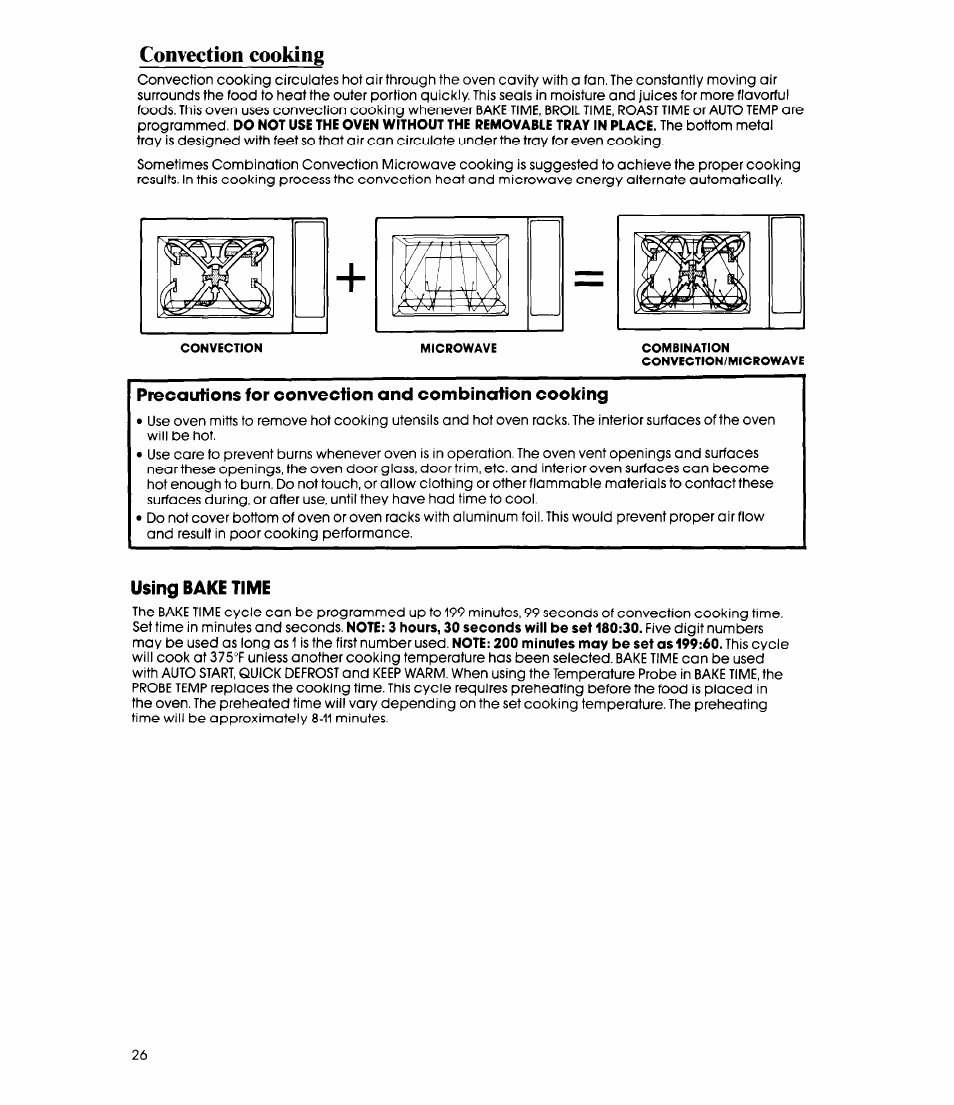 Convection cooking, Precautions for convection and combination cooking, Using bake time | Whirlpool MC8991XT User Manual | Page 26 / 44