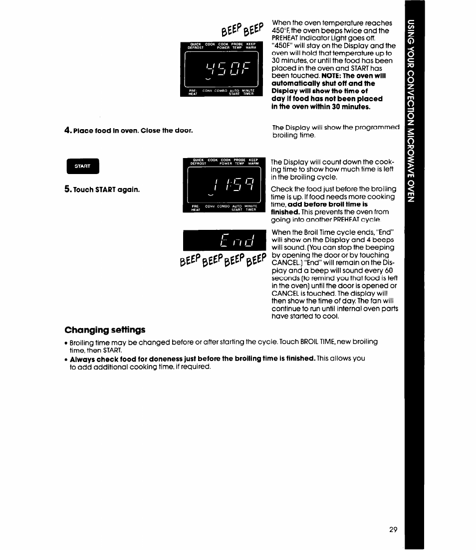 Place food in oven. close the door, Touch start again, Beep beep | Changing settings, Í i c o | Whirlpool MC8991XT User Manual | Page 29 / 44