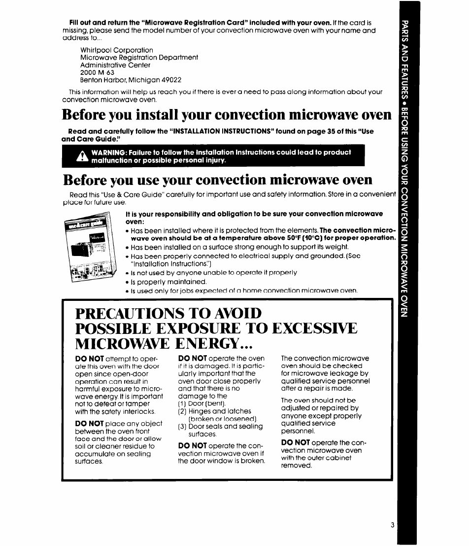 Before you install your conyection microwave oven, Before you use your convection microwave oven | Whirlpool MC8991XT User Manual | Page 3 / 44