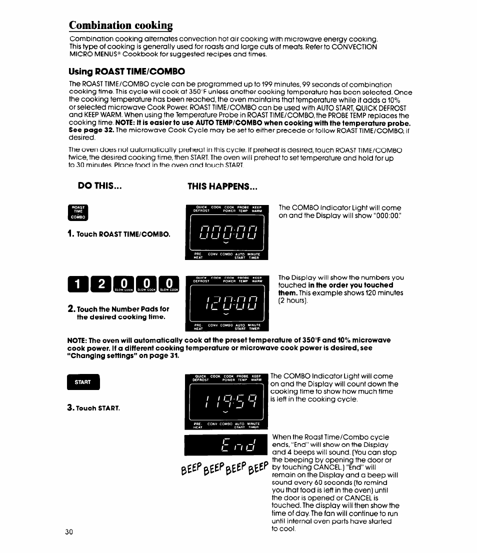 Combination cooking, Touch roast time/combo, Touch the number pads for the desired cooking time | Touch start | Whirlpool MC8991XT User Manual | Page 30 / 44