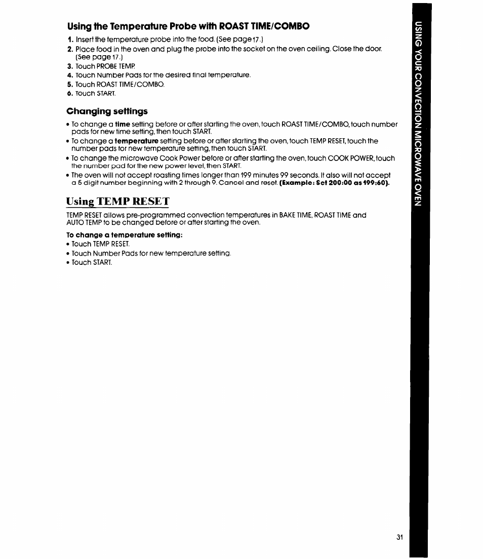Changing settings, Using temp reset | Whirlpool MC8991XT User Manual | Page 31 / 44