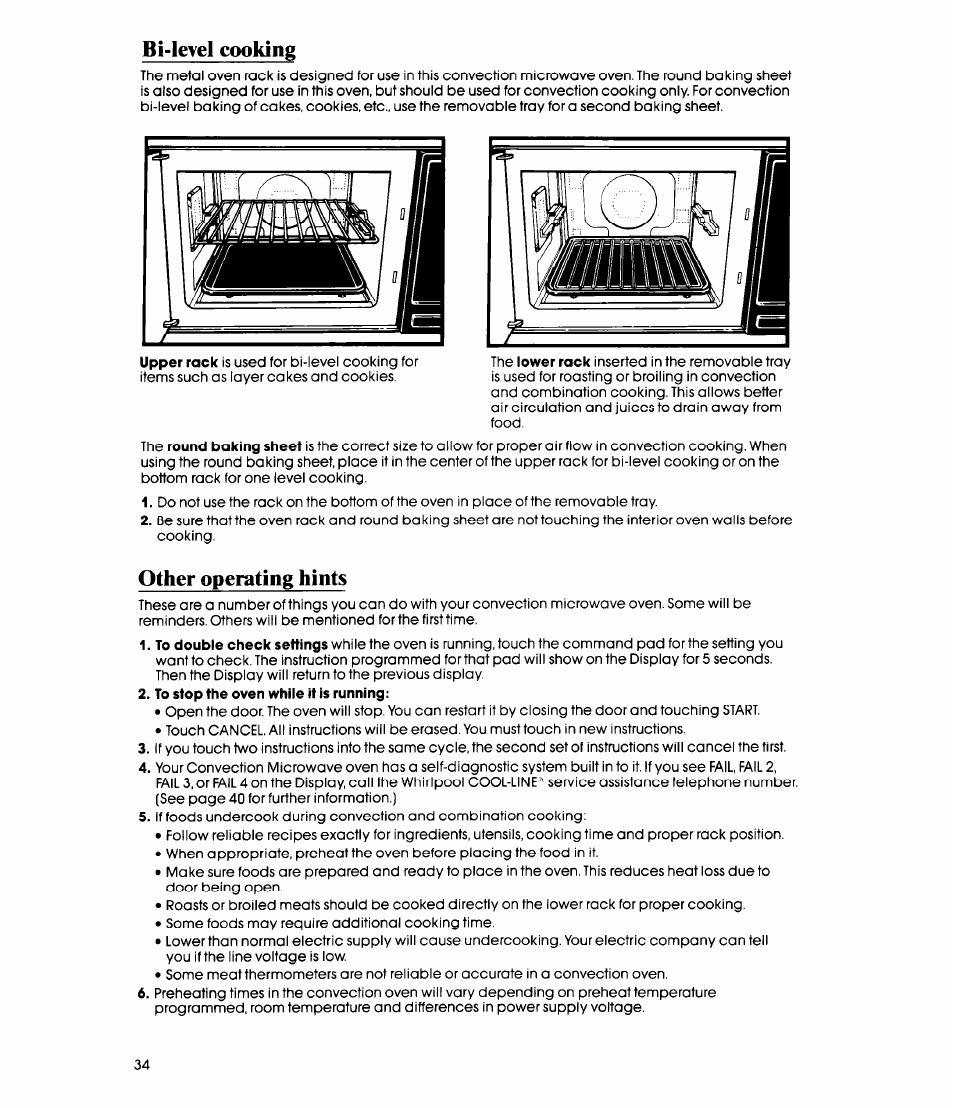 Bi-level cooking, Other operating hints, To stop the oven while it is running | Whirlpool MC8991XT User Manual | Page 34 / 44