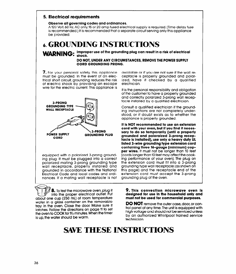 Electrical requirements, Cord grounding prong, Grounding instructions | Save these instructions | Whirlpool MC8991XT User Manual | Page 36 / 44