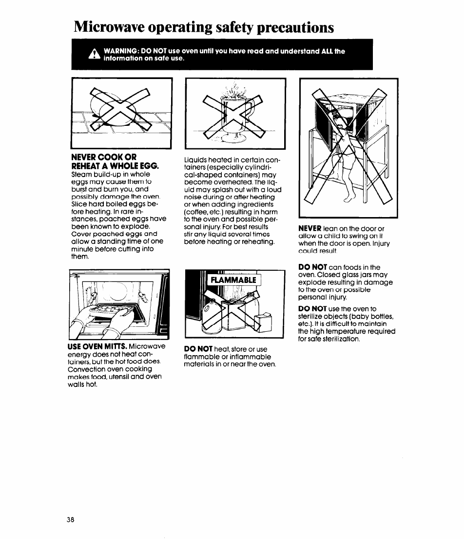 Microwave operating safety precautions | Whirlpool MC8991XT User Manual | Page 38 / 44