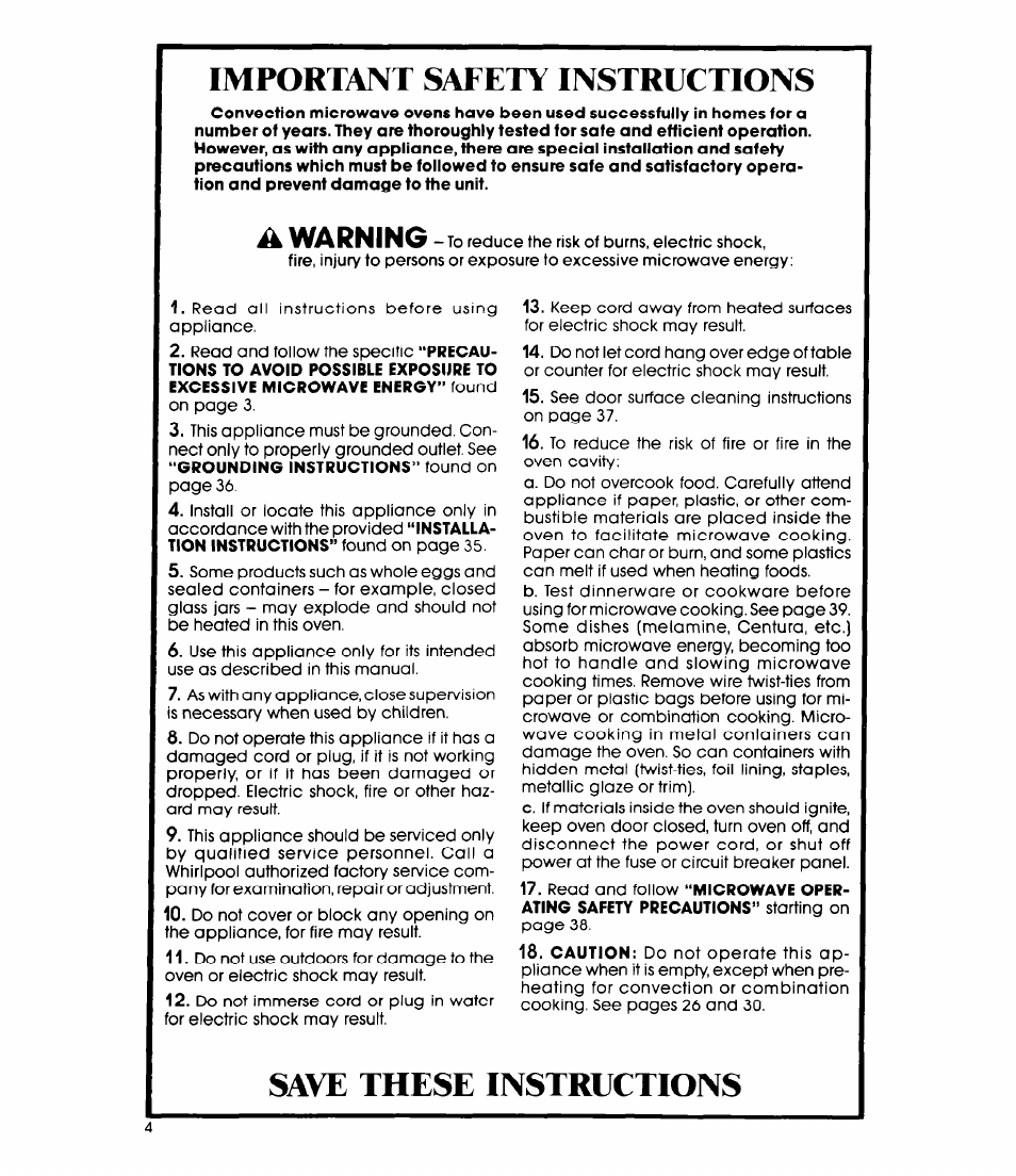Important safety instructions, Save these instructions, A warning | Whirlpool MC8991XT User Manual | Page 4 / 44