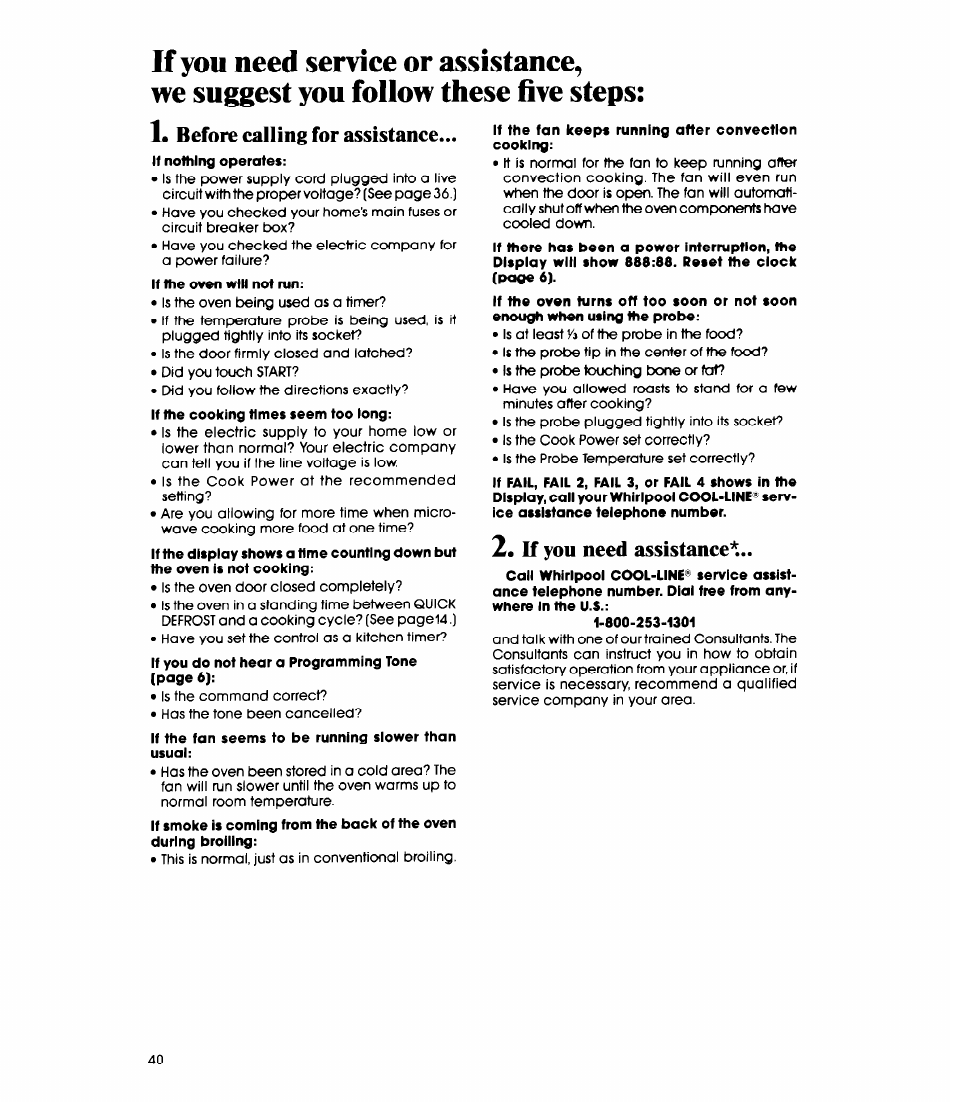 If you need assistance, Before calling for assistance | Whirlpool MC8991XT User Manual | Page 40 / 44