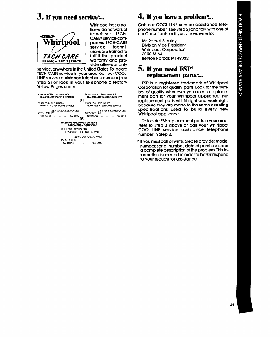 3« k you need service, 4« u you have a problem, 5« if you need fsp® replacement parts | K you need service, You have a problem, If you need fsp® replacement parts | Whirlpool MC8991XT User Manual | Page 41 / 44